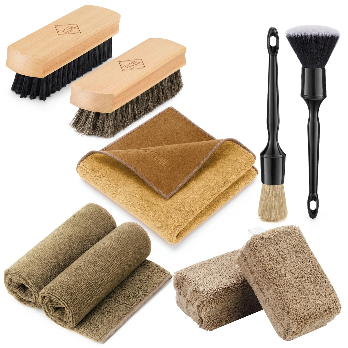 Fantasticlean full kit layout showing all nine tools for complete interior cleaning