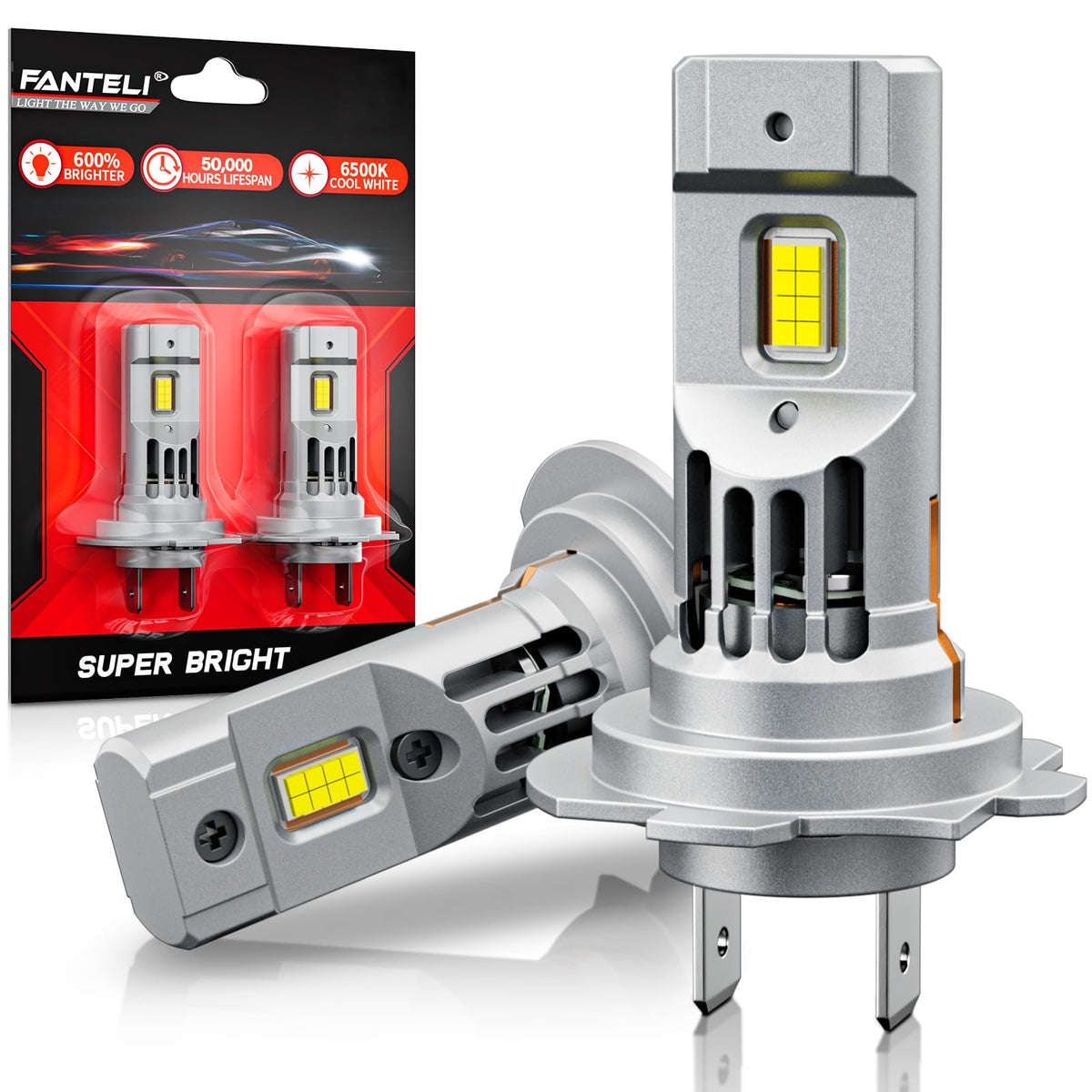 FANTELI front view of the bulb pair showing plug-and-play fit and bright benefit
