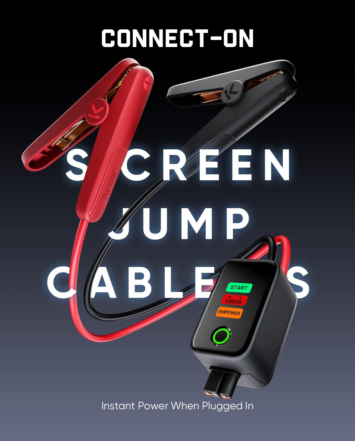 Fanttik Potent T10 connected to a car battery displaying safe jump-start capability