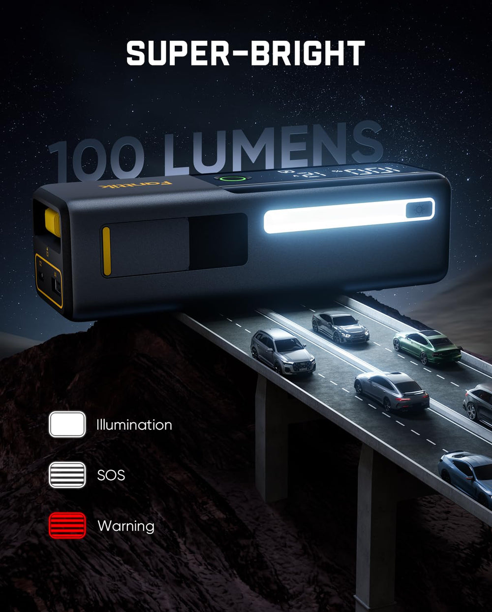 Fanttik Potent T10 flashlight modes lit to show bright white and SOS signaling