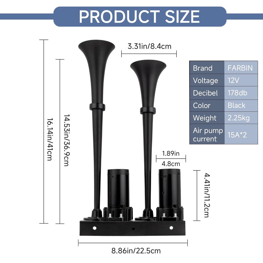 FARBIN size scale comparison beside ruler showing trumpet lengths for range understanding
