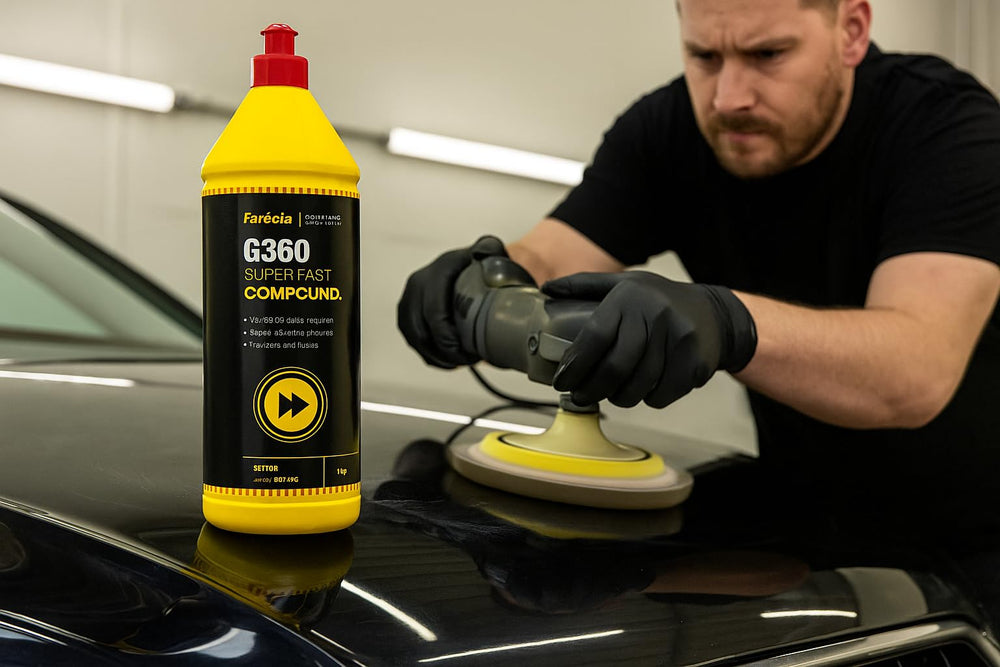 Farecla G360 on vehicle panel showing removed scratches and gloss