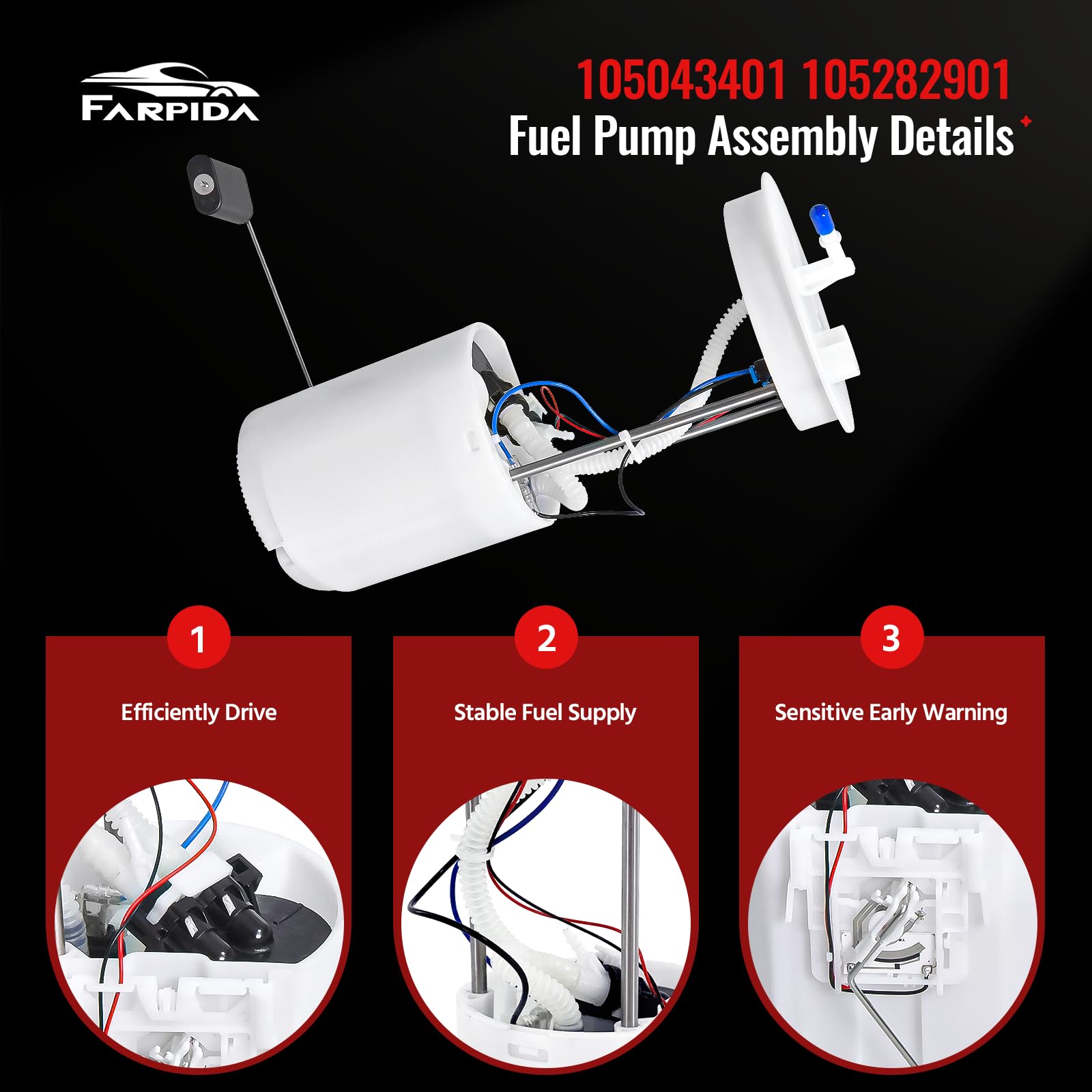 Farpida fuel pump next to ruler showing compact, space-saving size