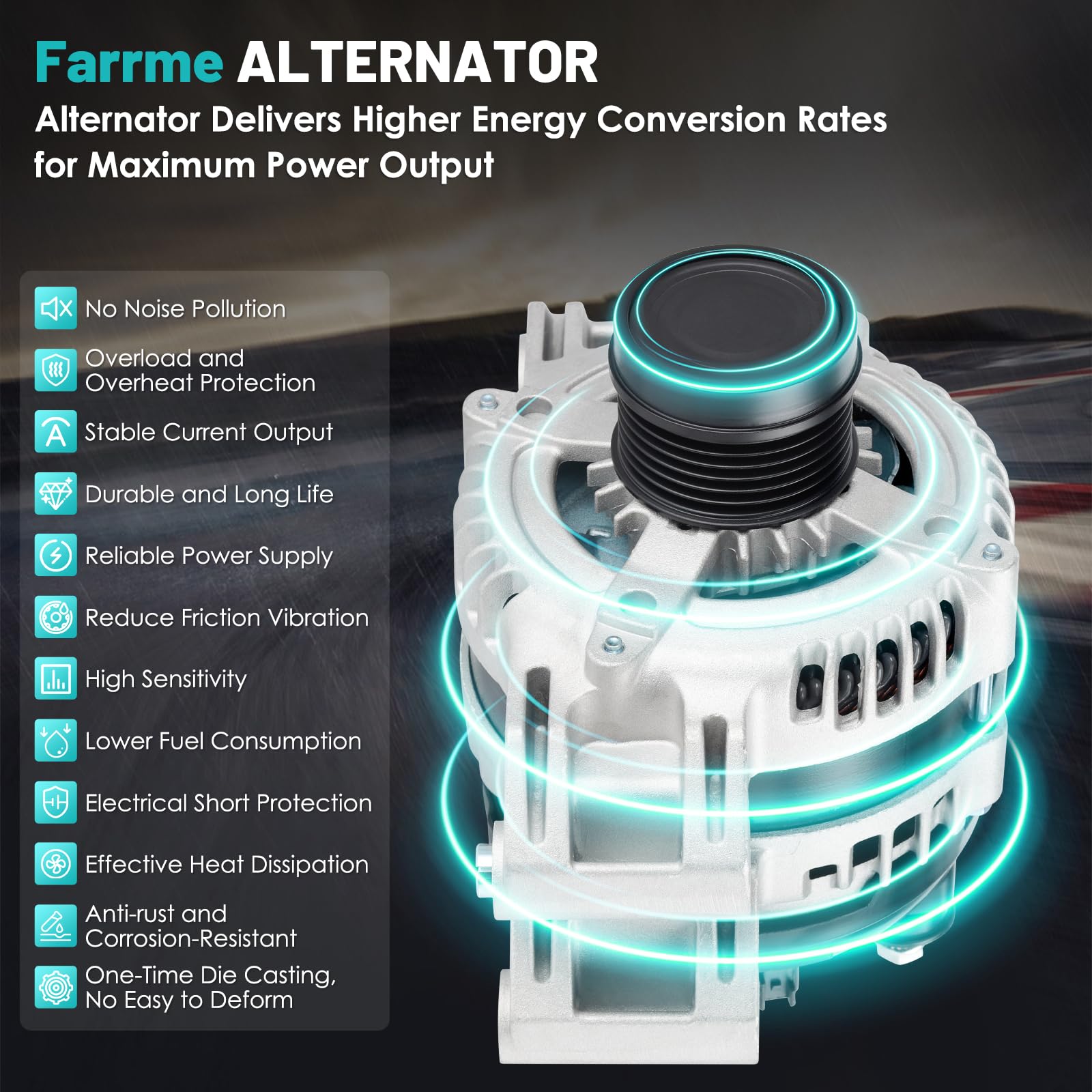 Farrme alternator installed in engine bay demonstrating direct-fit, ready-to-use benefit