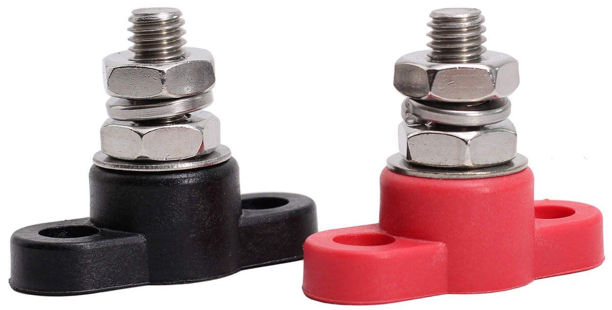 Fastronix front view of red and black junction blocks showing polarity and compact layout
