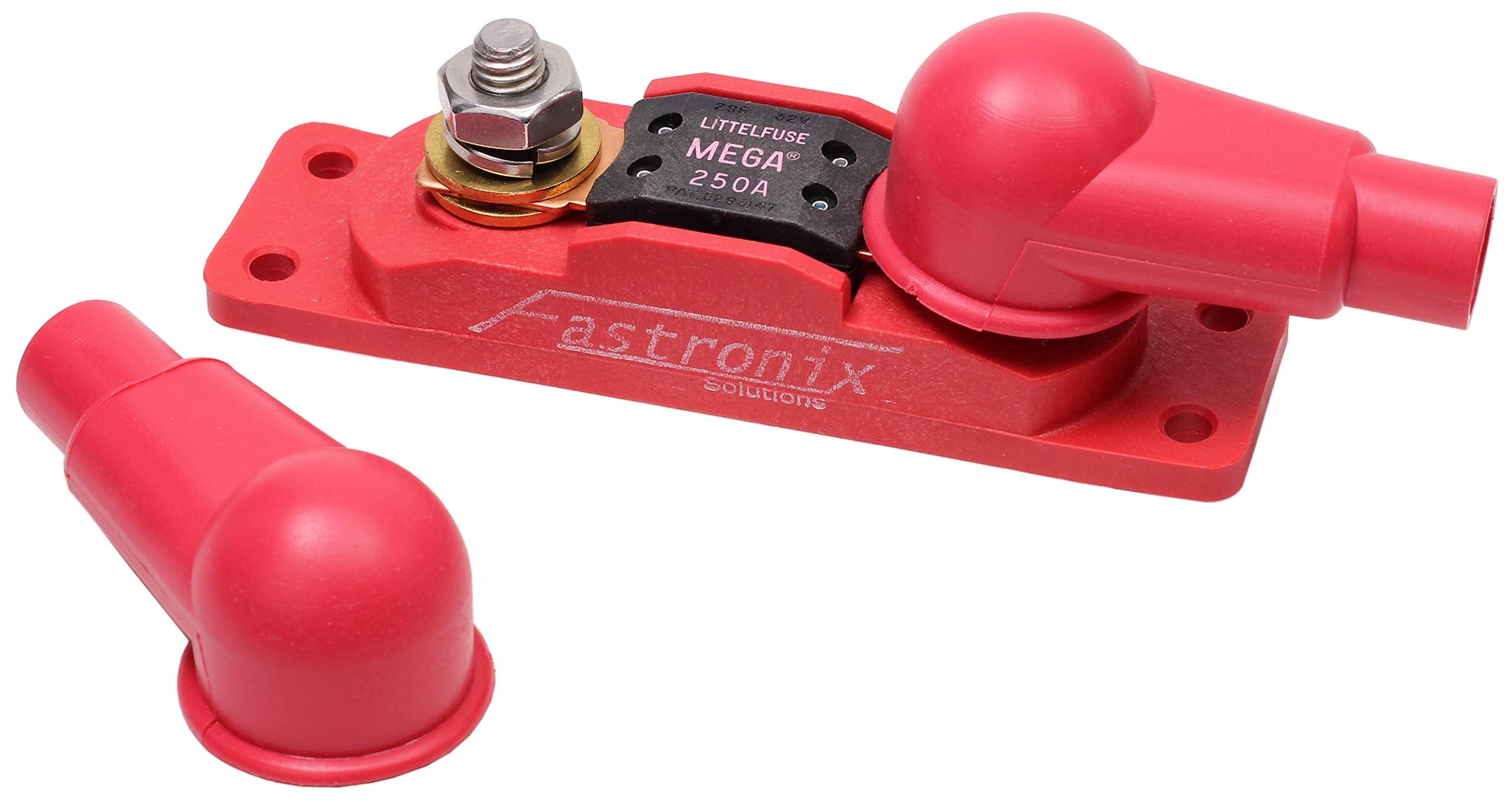 Fastronix front-mounted fuse holder showing mounting holes and installed fuse for secure protection