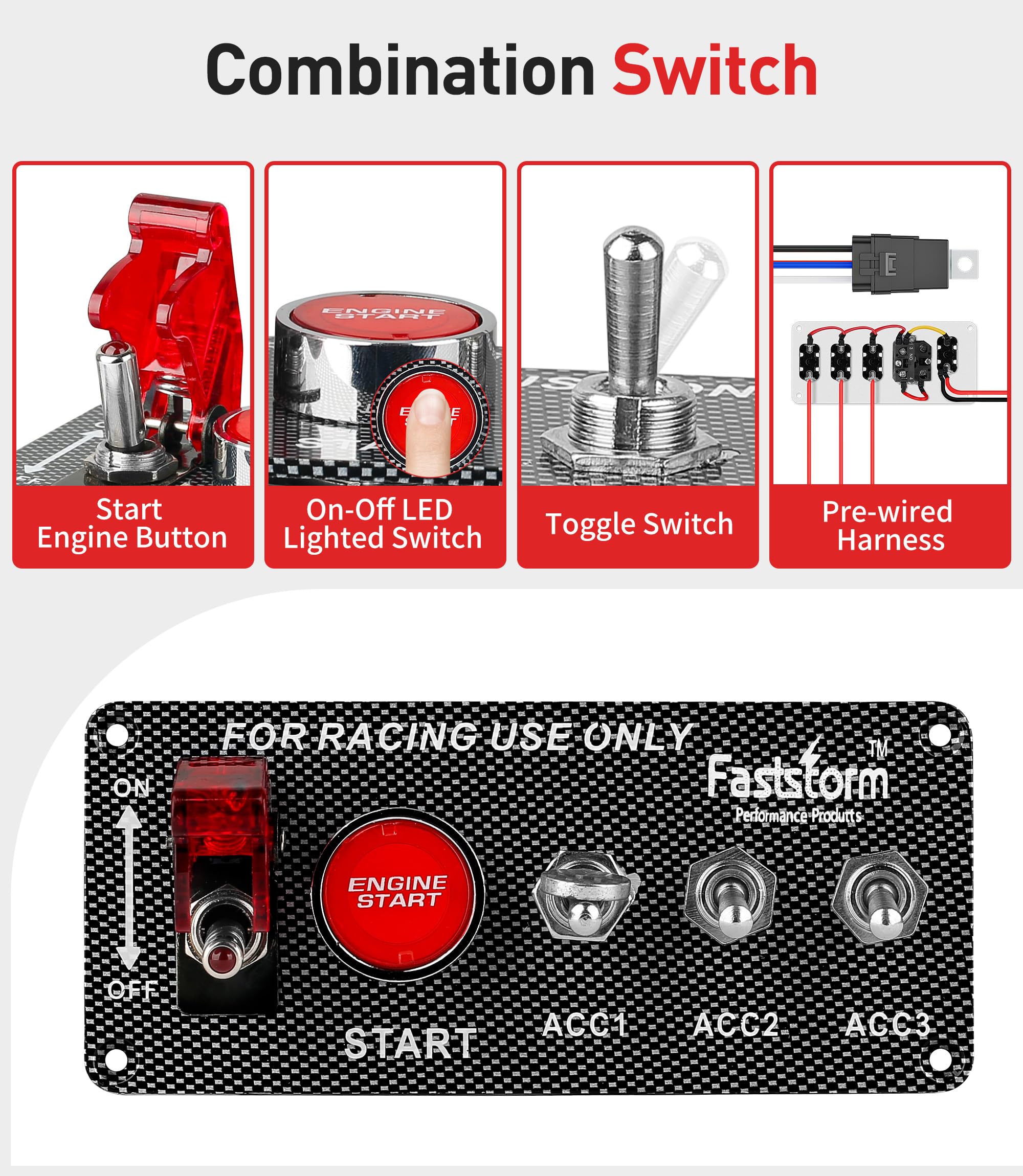 FASTSTORM red engine start button closeup highlighting instant-start visibility