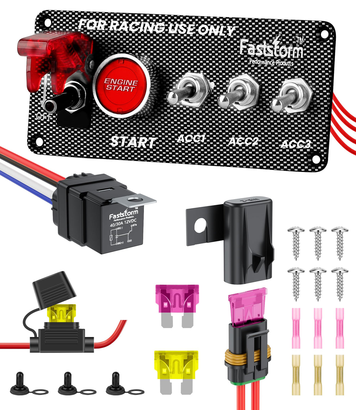 FASTSTORM front panel overview showing switches and LED for organized control