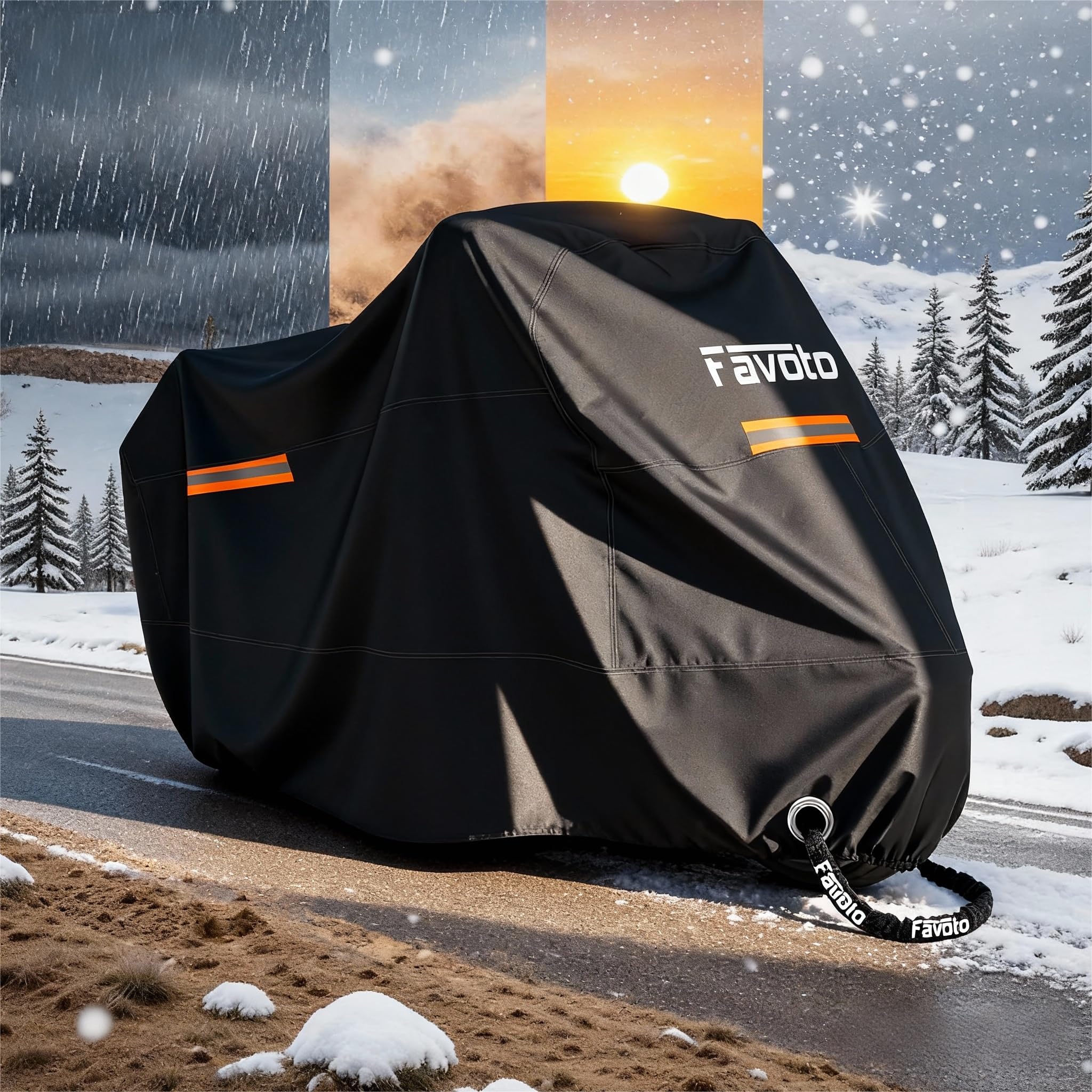 Favoto cover on motorcycle in driveway protecting paint and seat