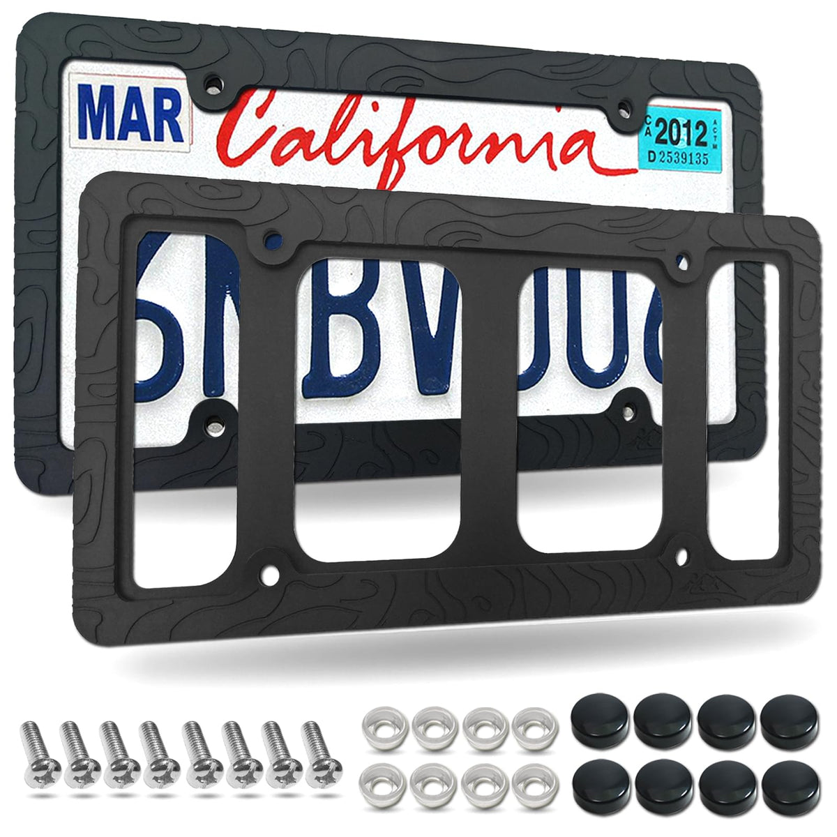 FBJTDQ front view of matte black topography license plate frame showing embossed design and fit