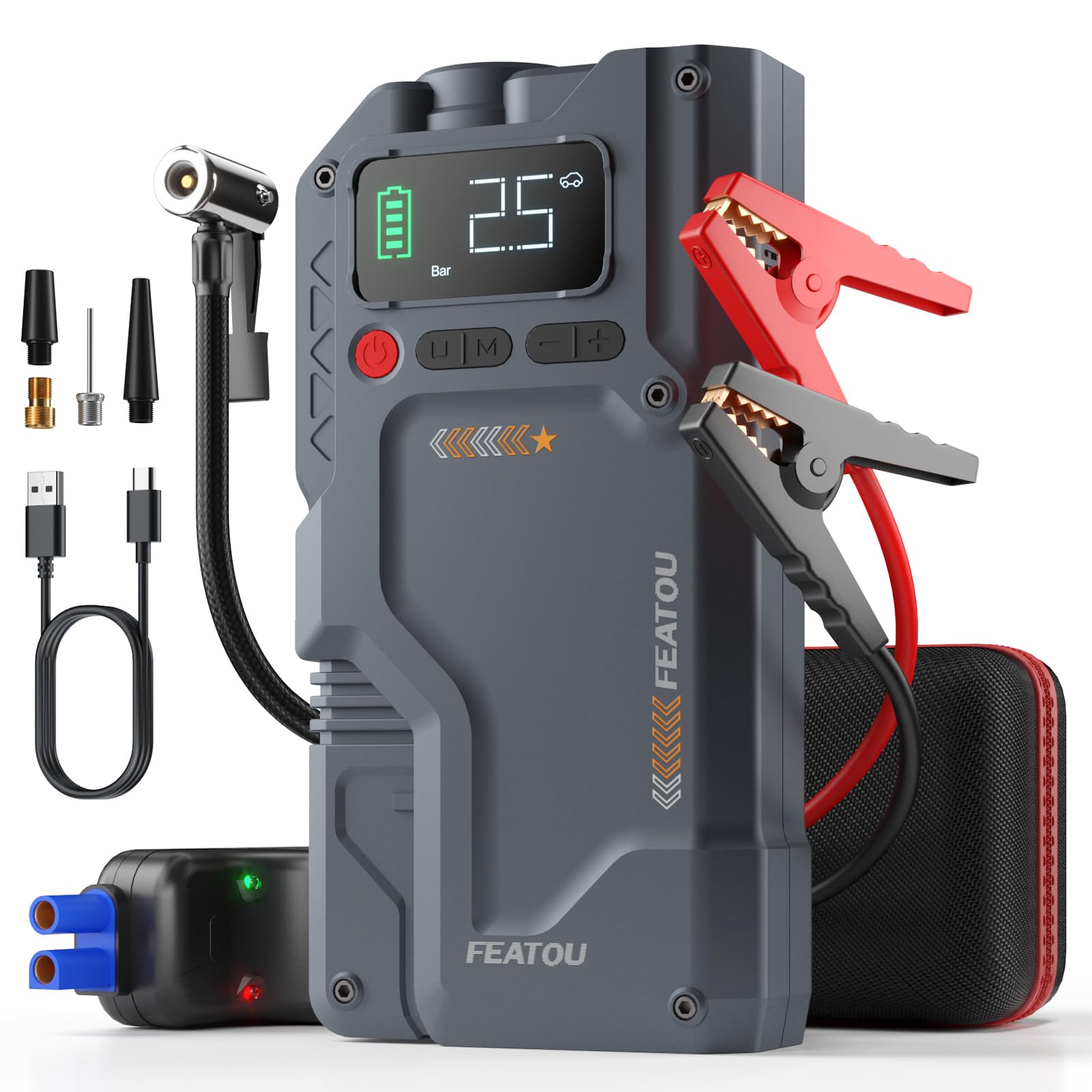 Featou front pack showing jump starter and inflator for quick roadside readiness