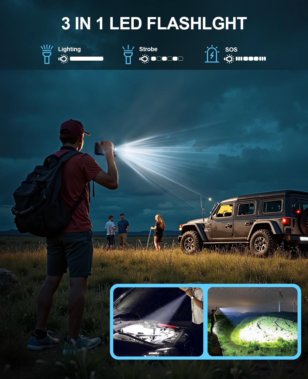 Featou LED flashlight modes demonstrating 350 lumen visibility for emergencies