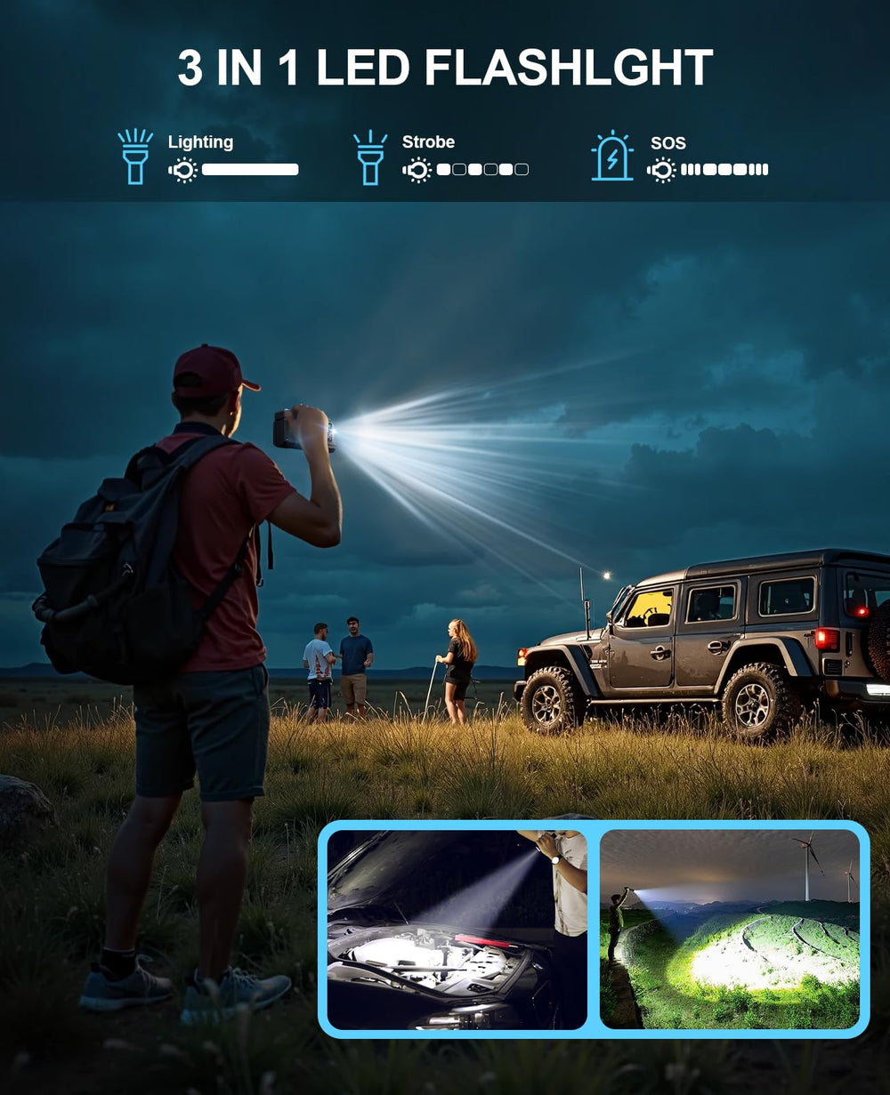 Featou LED flashlight modes demonstrating 350 lumen visibility for emergencies