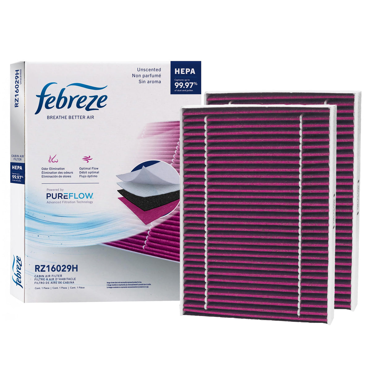 Febreze filter front packaging showing brand and fitment benefits