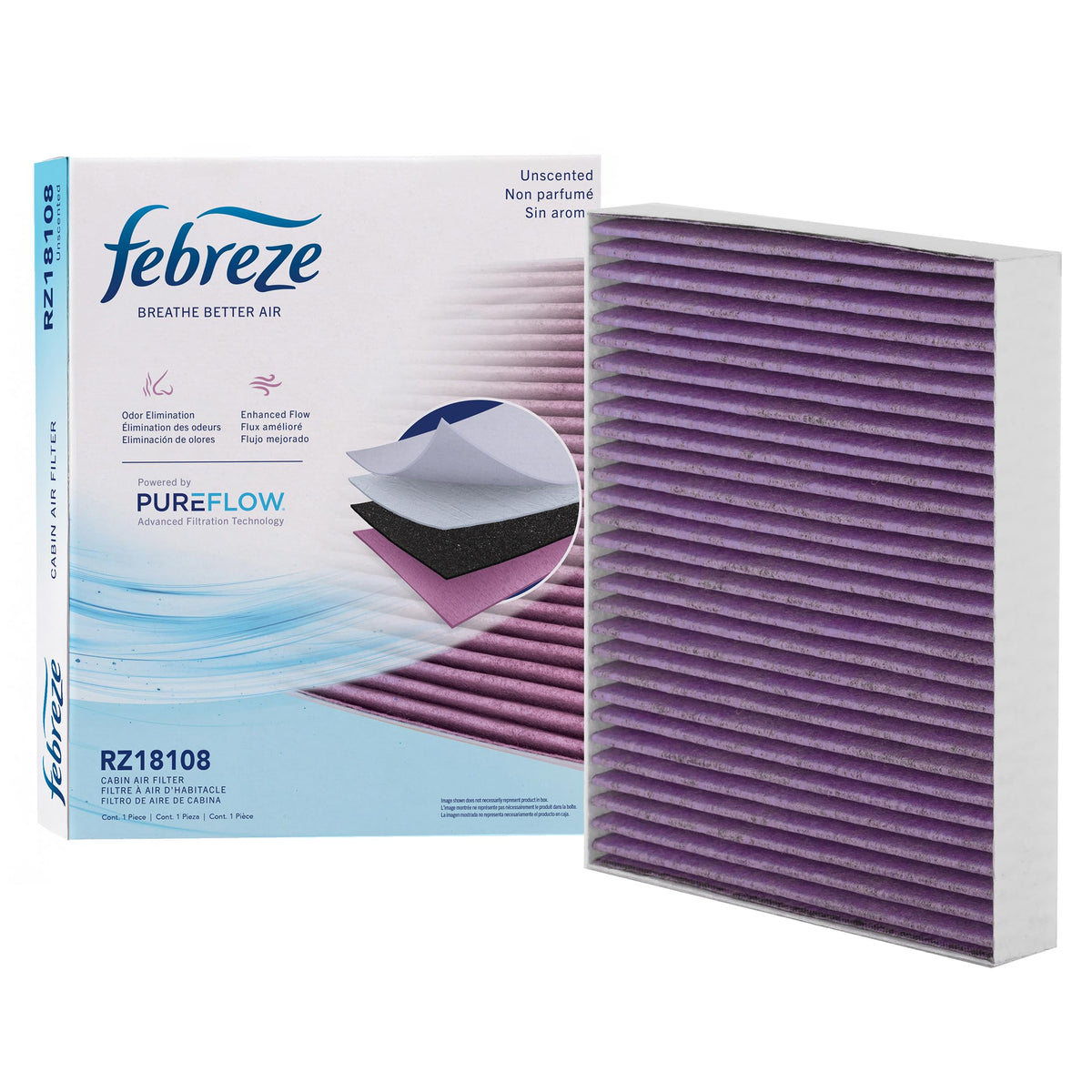 Febreze front packaging showing PUREFLOW odor control and unscented benefit