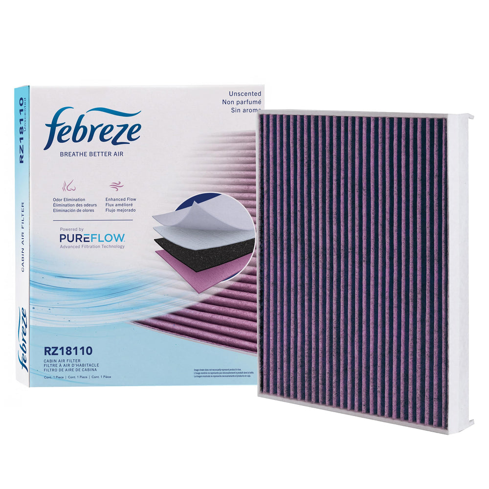 Febreze front packaging of cabin filter showing brand and unscented benefit