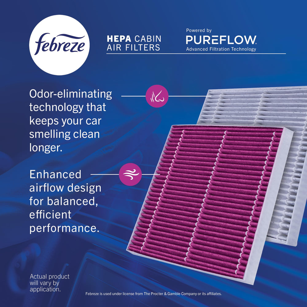Side-by-side old filter and Febreze new filter demonstrating cleanliness