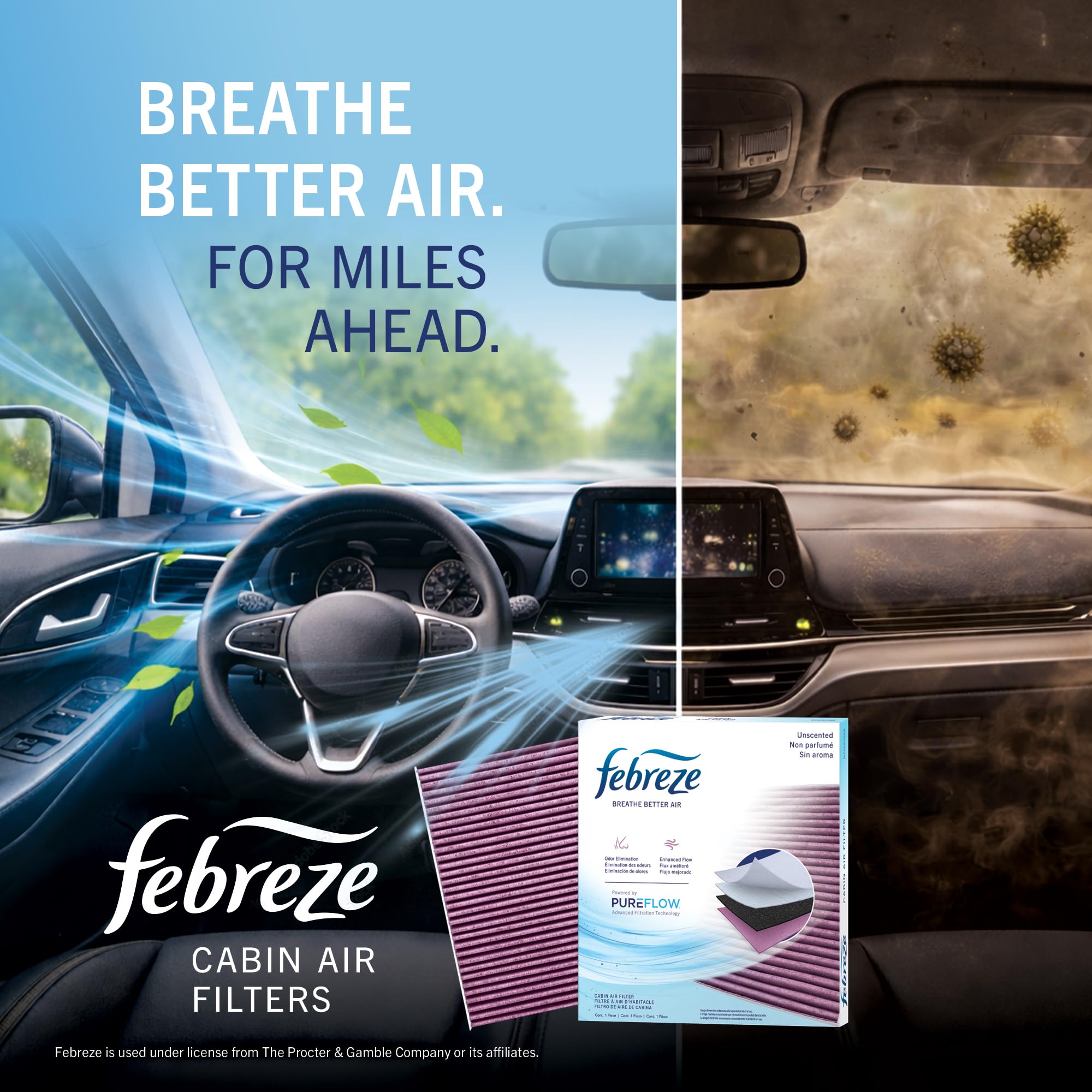 Febreze new filter next to used filter showing improved cleanliness benefit