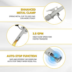 FEEDRON close-up of hose and nozzle highlighting auto-stop sensor benefit