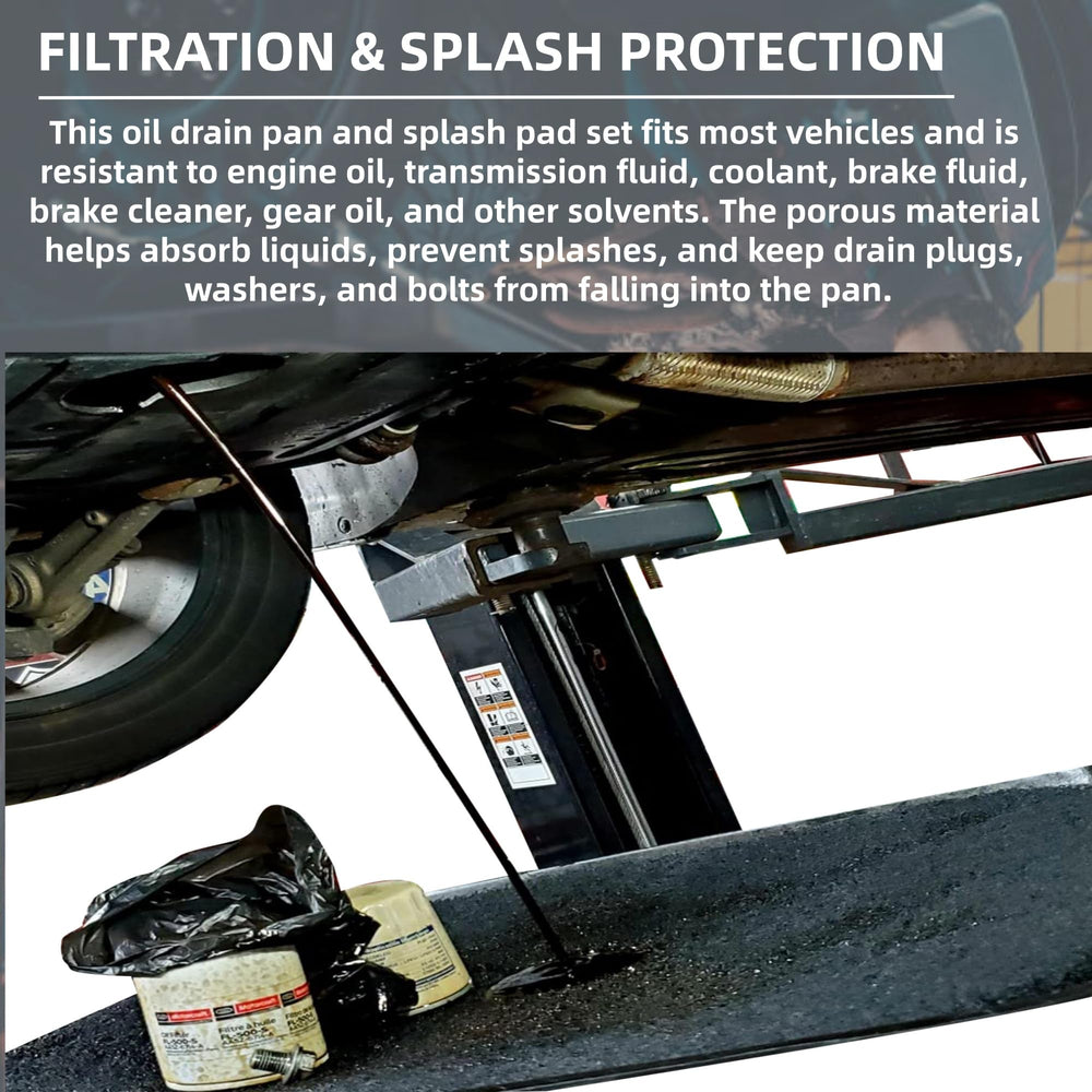 FEICHANGHAO drain pan and pads in a garage with a vehicle showing faster cleanup benefit