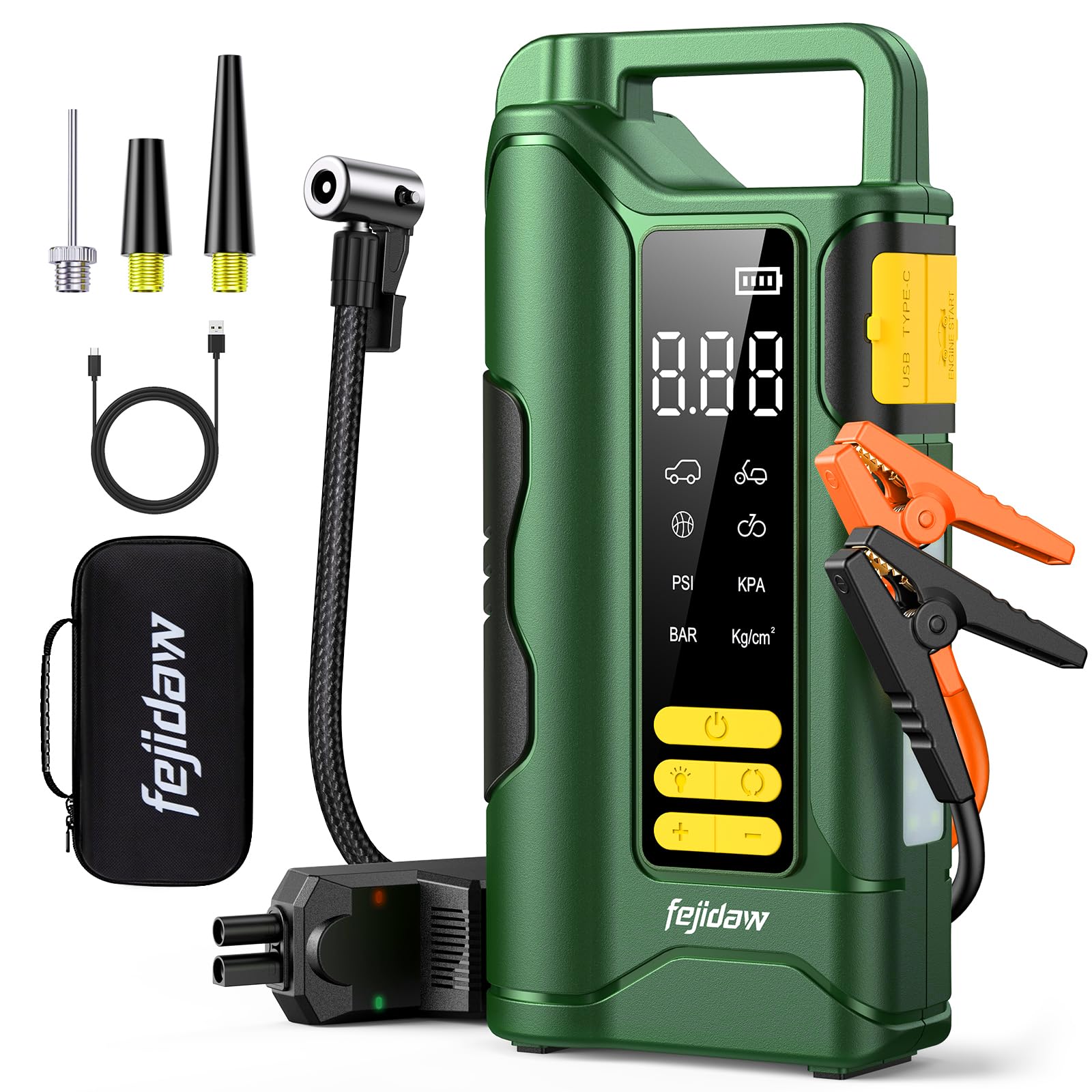 fejidaw front view of jump starter showing ports and controls for quick roadside help