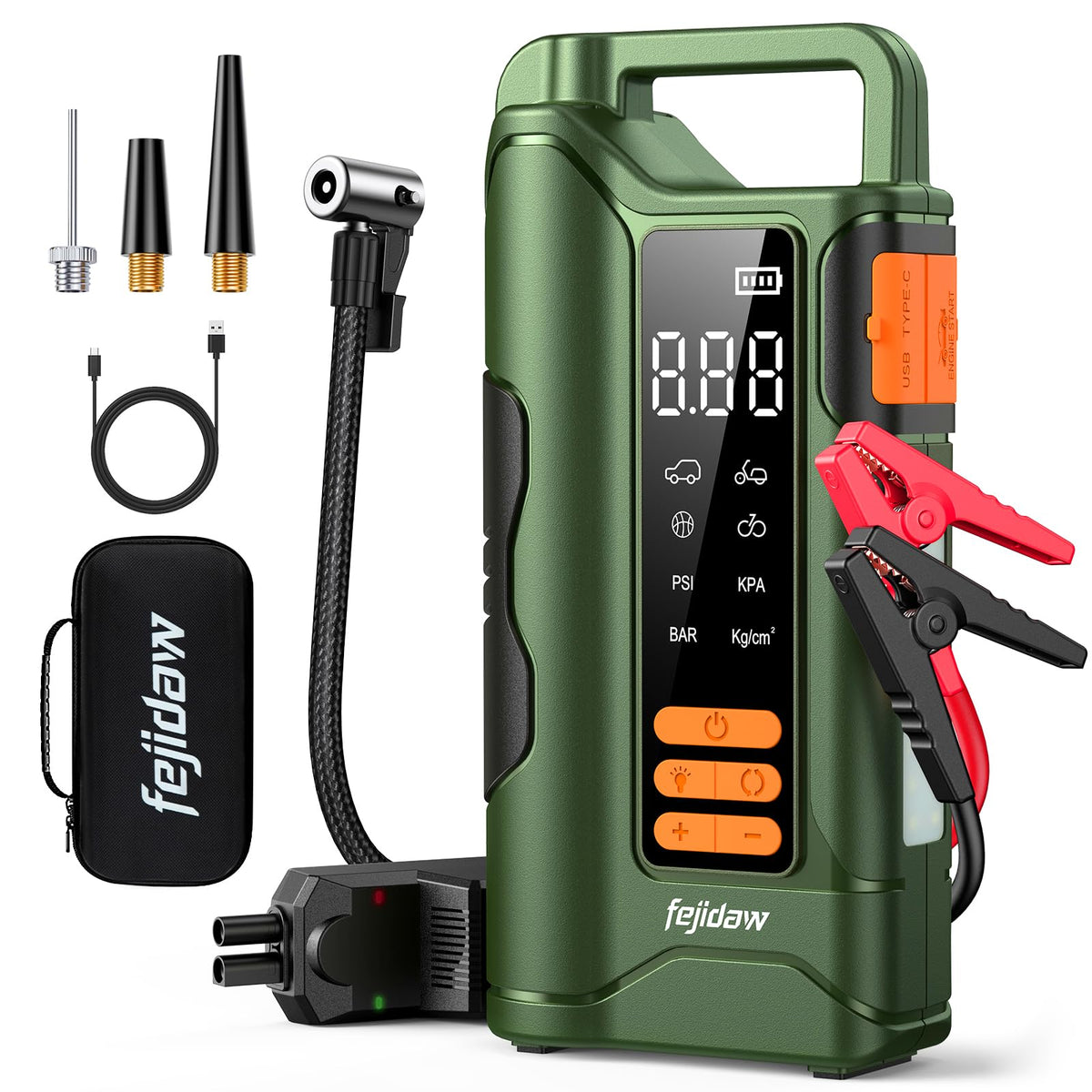 fejidaw front view of jump starter showing compact all-in-one design and portability