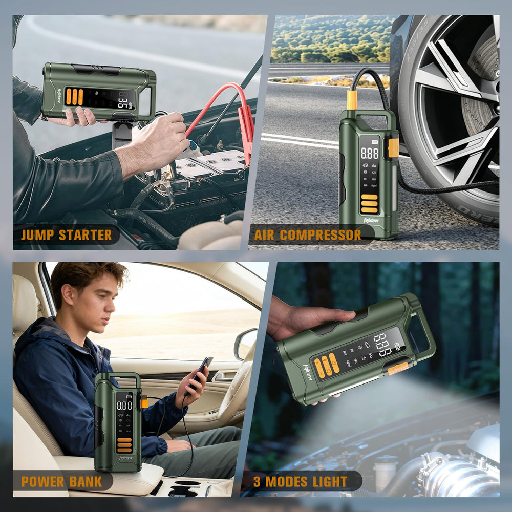 fejidaw inflating a car tire on roadside showing quick 160PSI compressor benefit