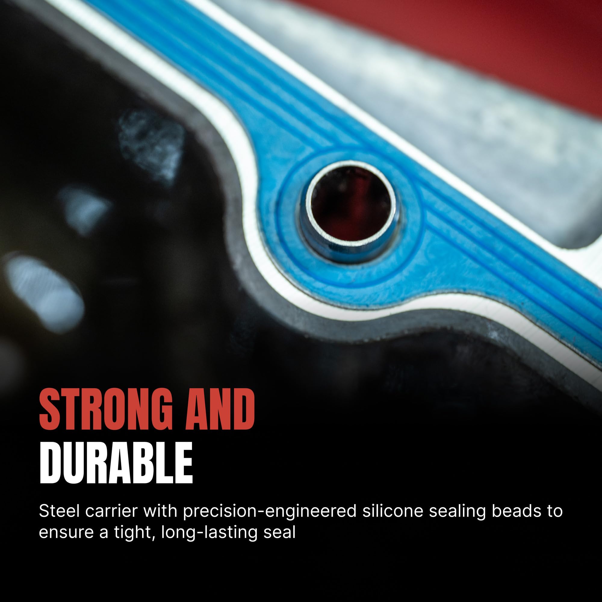Fel-Pro gasket flat lay close-up showing sealing beads and steel carrier for reliable sealing
