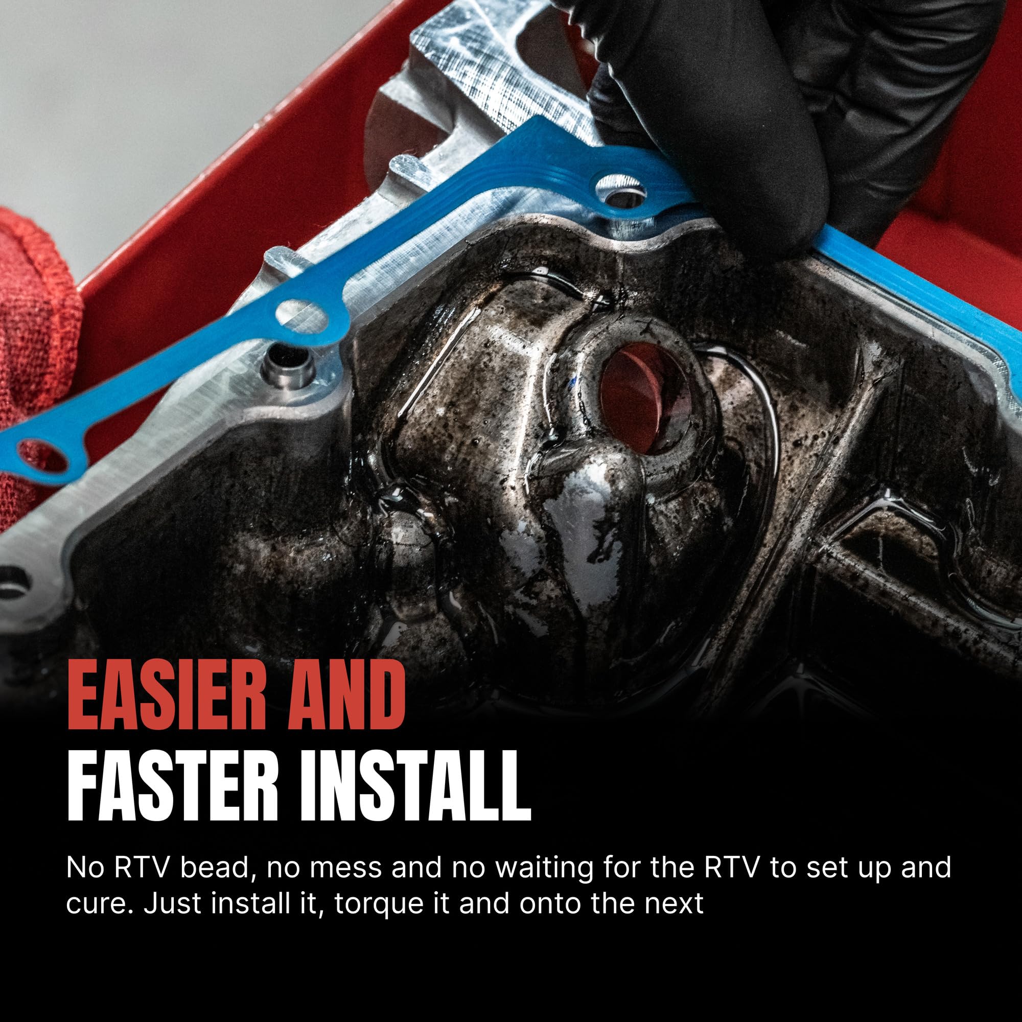 Fel-Pro gasket installed on oil pan demonstrating clean fit and faster service time
