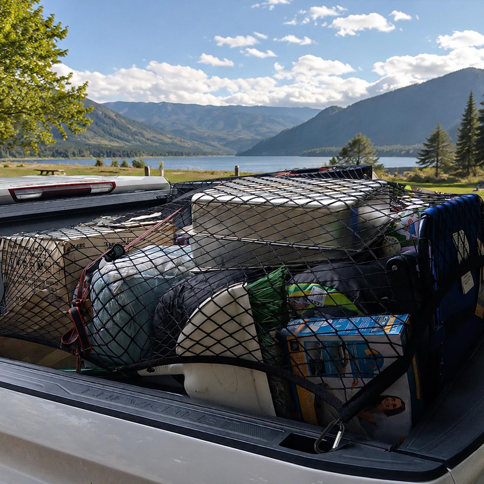 Femicgal lifestyle shot hauling mulch illustrating tidy transport benefit