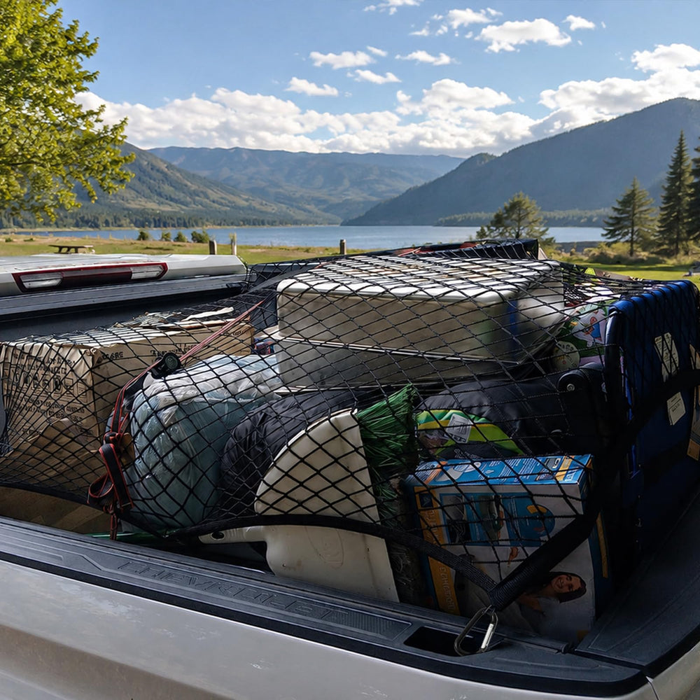 Femicgal lifestyle shot hauling mulch illustrating tidy transport benefit