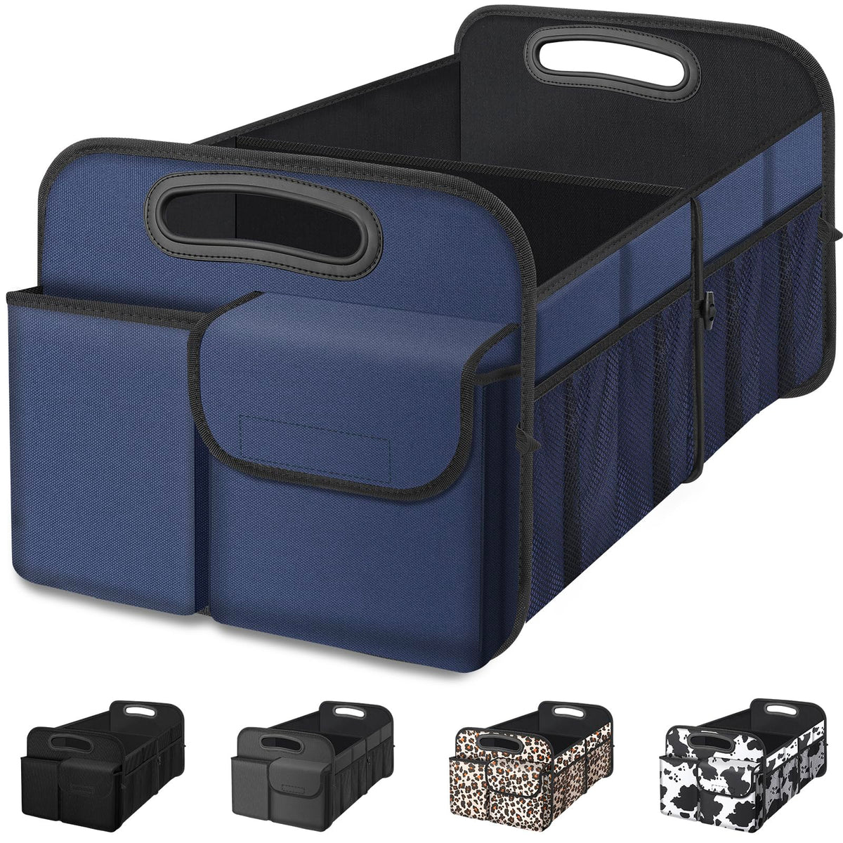 Femuar front view of blue organizer showing five compartments and handles for easy transport