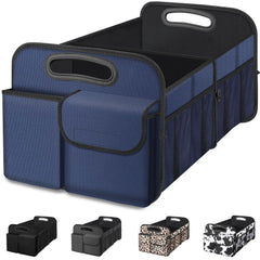 Femuar front view of blue organizer showing five compartments and handles for easy transport