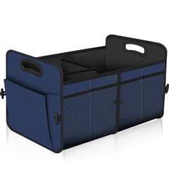 Femuar front view of large blue trunk organizer showing big capacity and neat storage