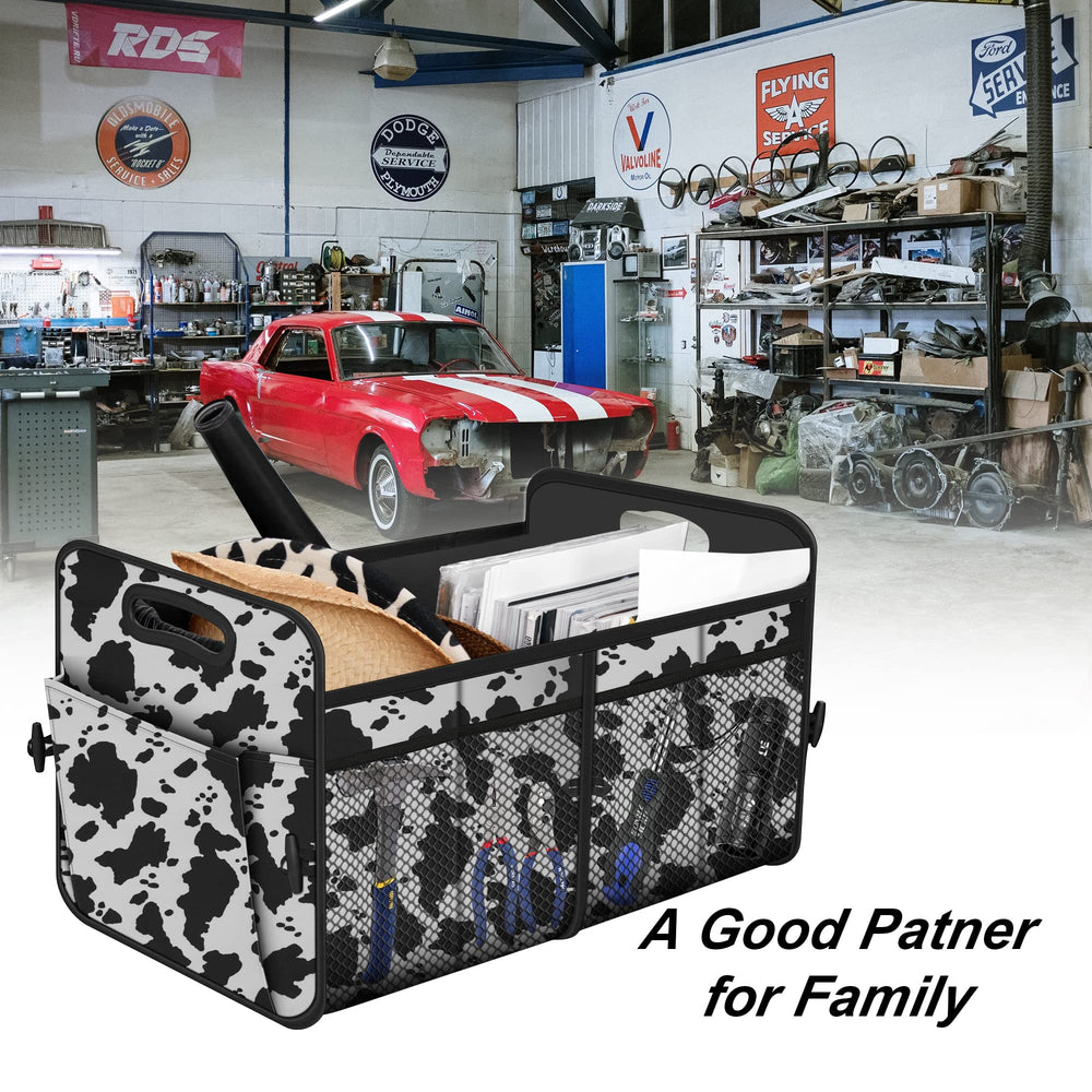 Femuar placed in car trunk demonstrating tidy, space-saving organization