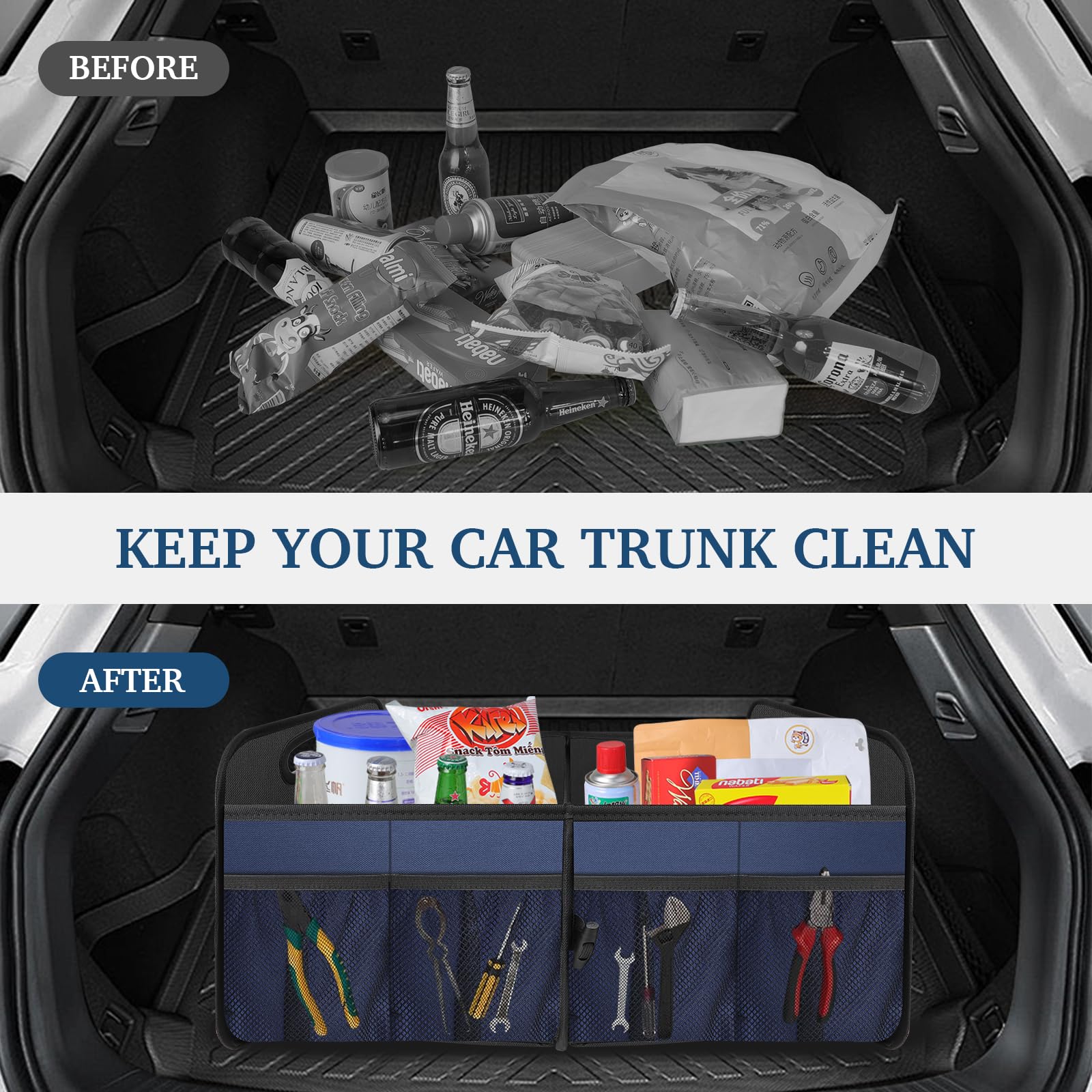 Femuar placed in SUV trunk showing compact fit and organized cargo benefit