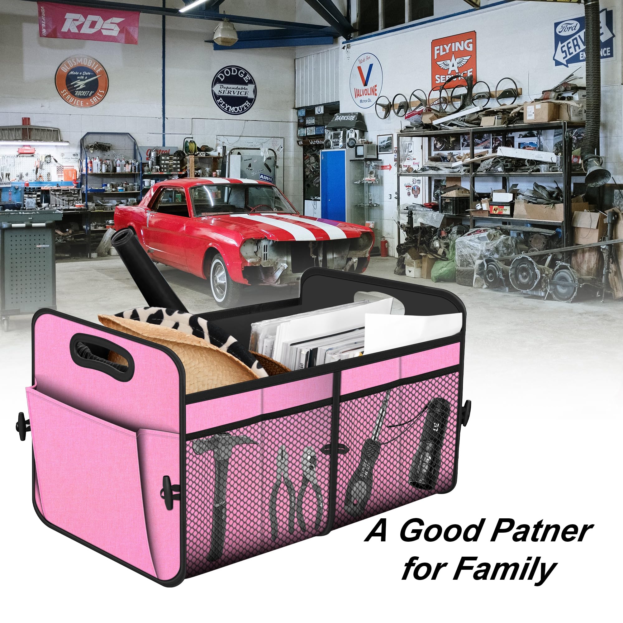 Femuar beside suitcase for scale showing generous 72L capacity and space-saving benefit