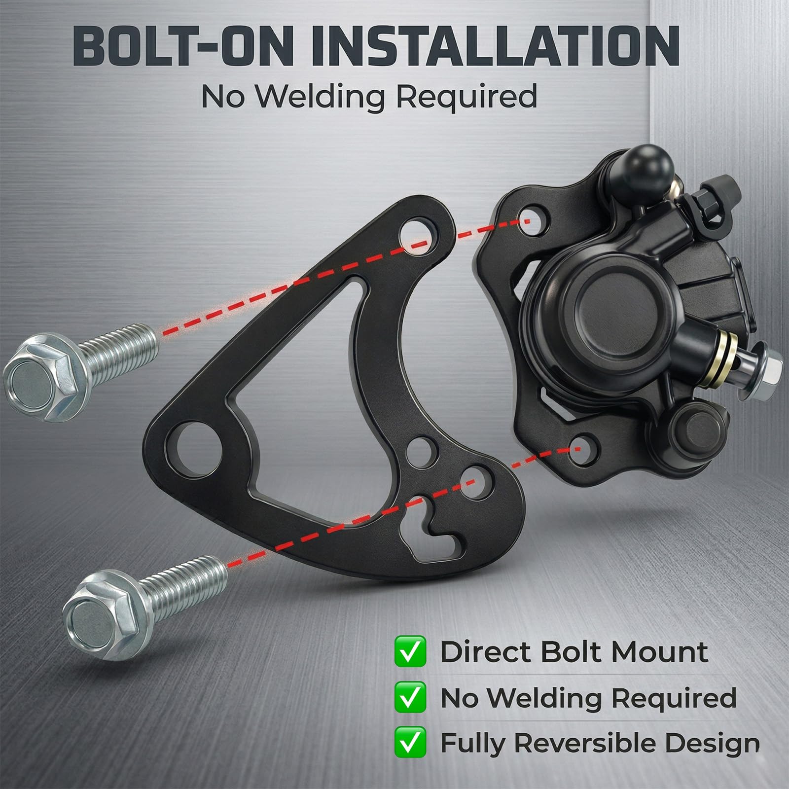Feralmoto caliper mounting alignment demonstrating 63mm ATV spacing fit