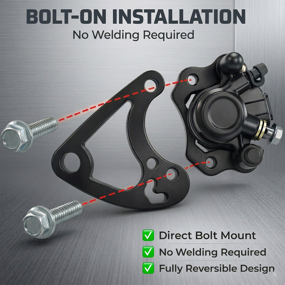 Feralmoto caliper mounting alignment demonstrating 63mm ATV spacing fit