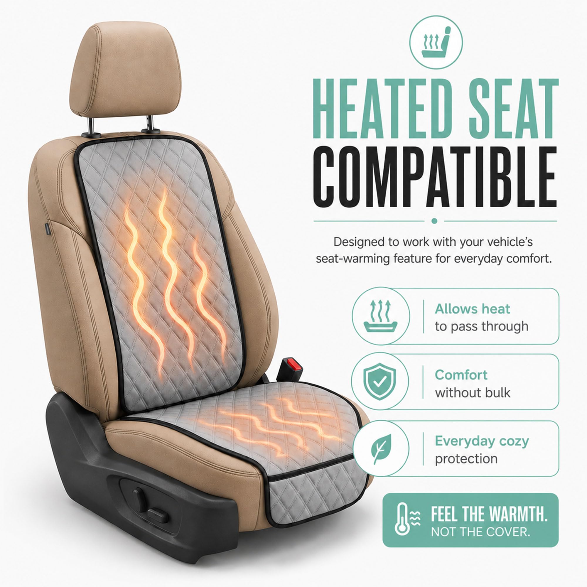 FH Group seat cover beside measuring tape illustrating universal-fit guidance