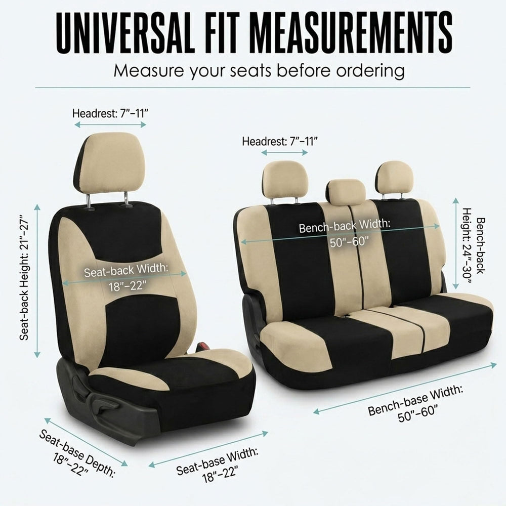 FH Group seat cover next to measuring tape illustrating fit guidance
