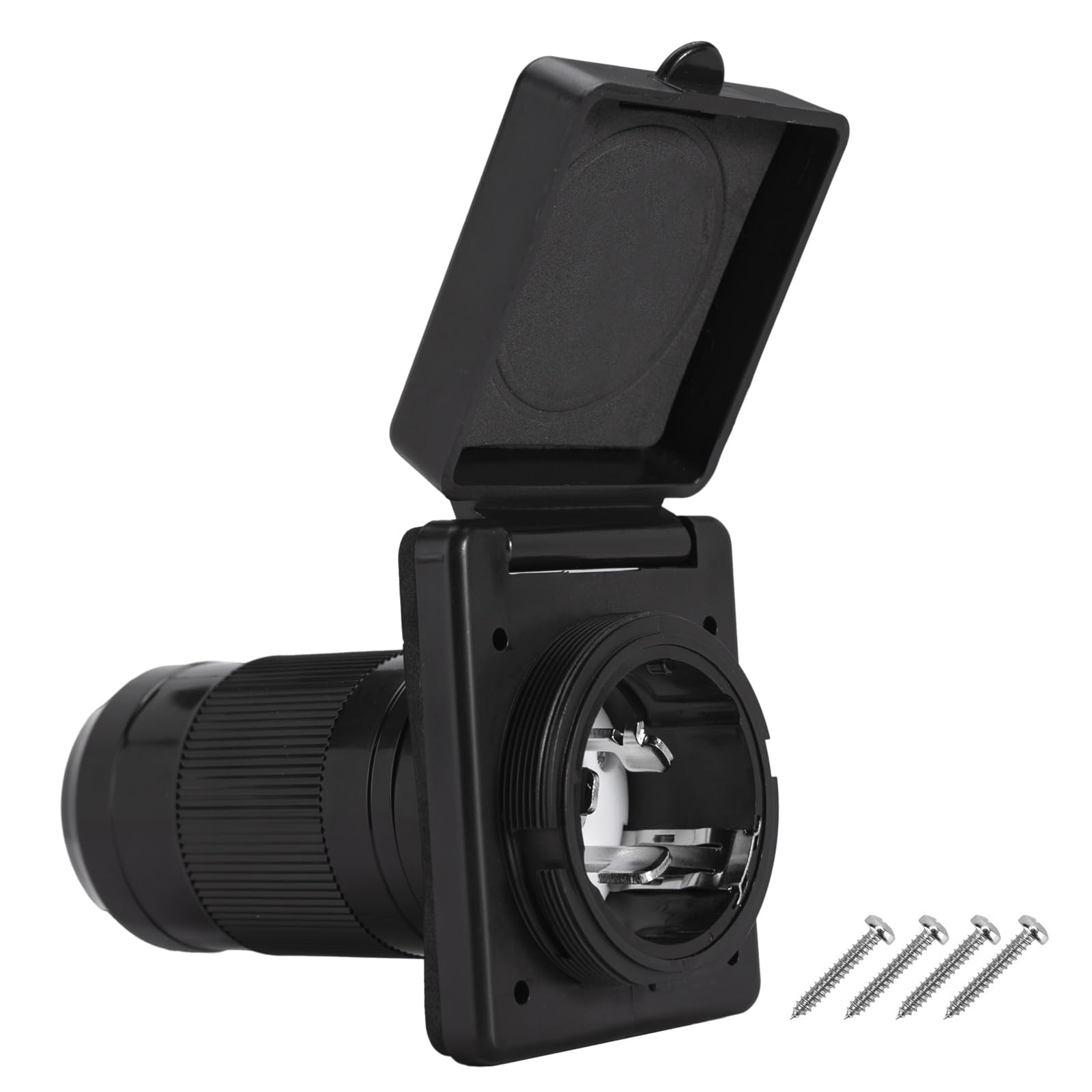 Ficstar front view inlet showing sleek black housing and secure cover, durable connection