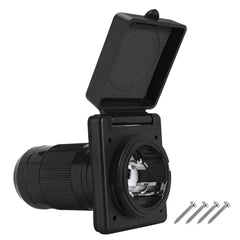 Ficstar front view inlet showing sleek black housing and secure cover, durable connection