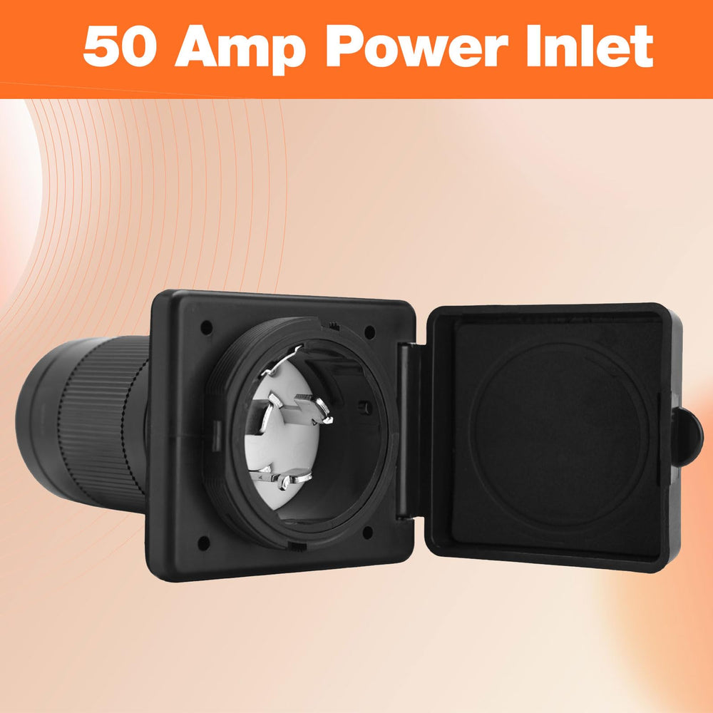 Ficstar inlet in campsite setup powering RV to illustrate reliable shore power