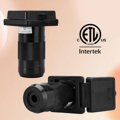 Ficstar inlet mounted on RV sidewall showing weatherproof fit and easy access