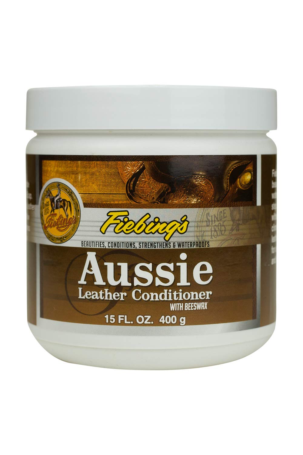 Fiebing's front label showing 14 oz jar and product use benefits