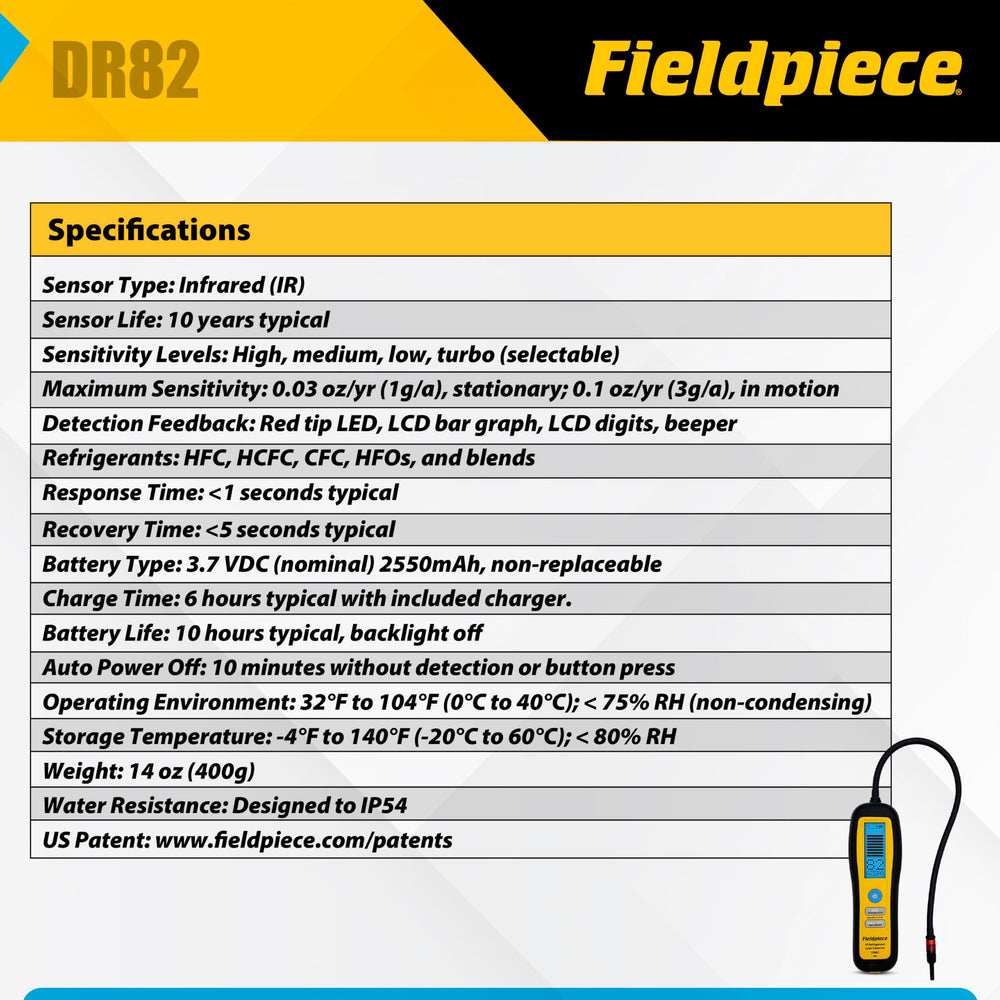 Fieldpiece DR82 backlit LCD displaying leak intensity for fast, clear readings