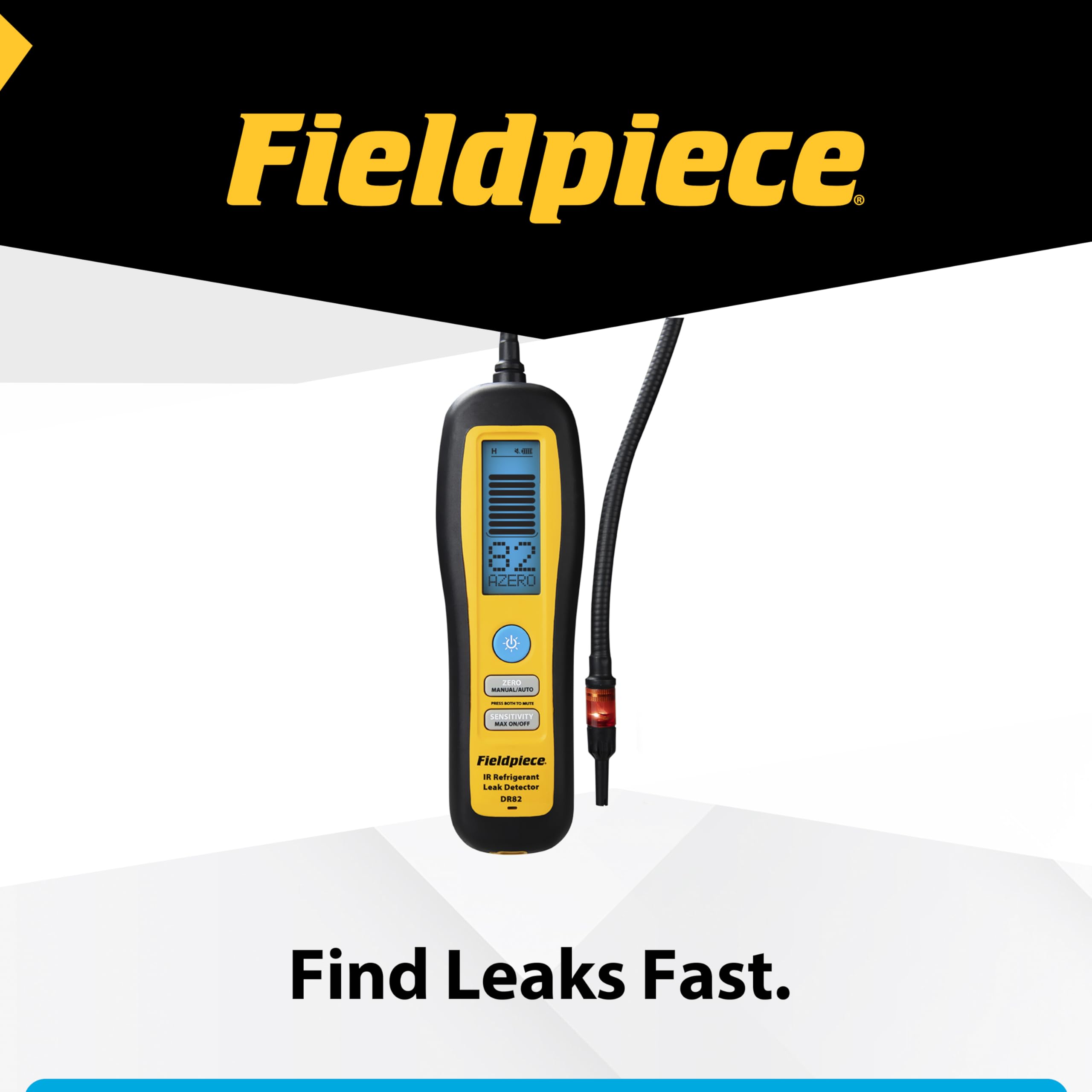 Fieldpiece DR82 label and features view showing compatibility and long sensor life