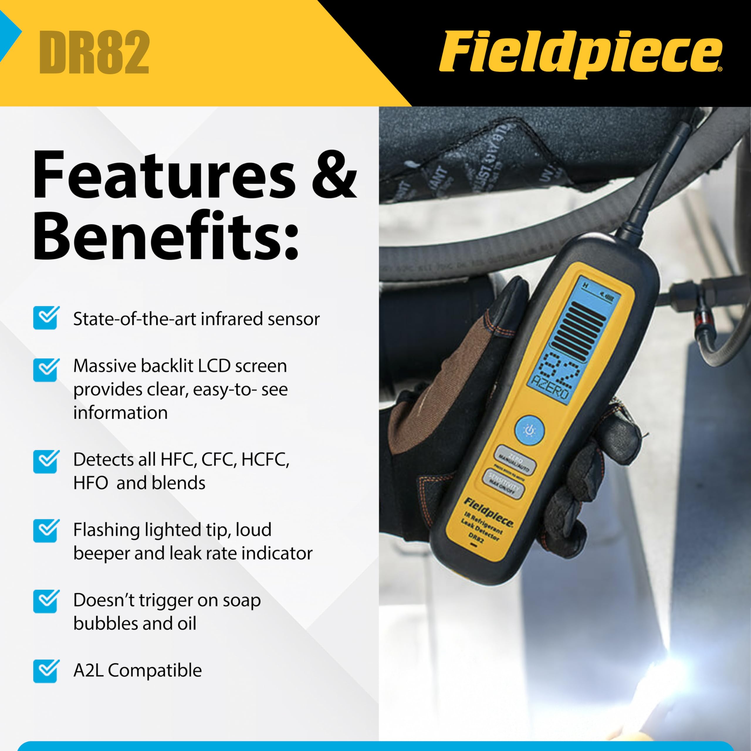 Fieldpiece DR82 flexible probe close-up highlighting reach for tight access points
