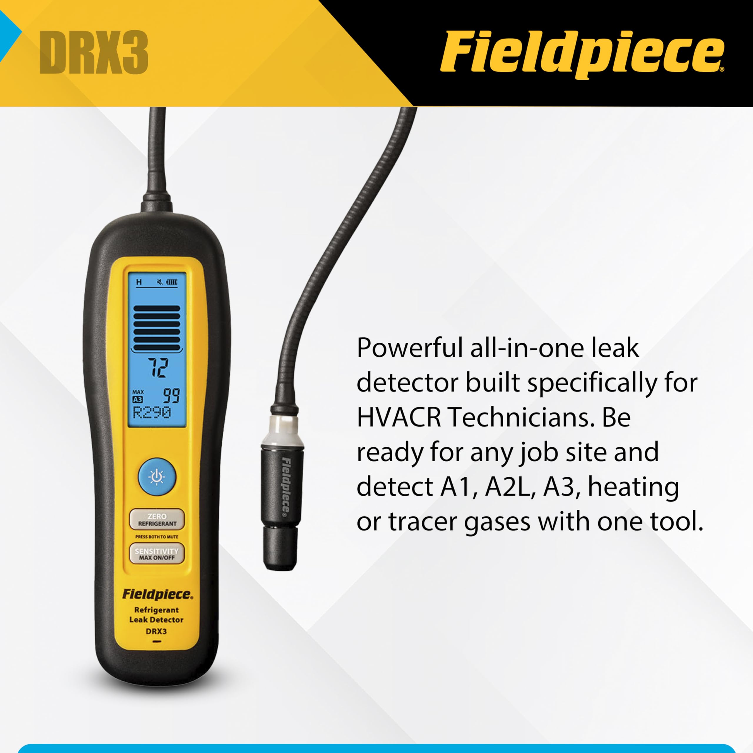 Fieldpiece DRX3 control panel and LED indicators demonstrating clear leak intensity feedback